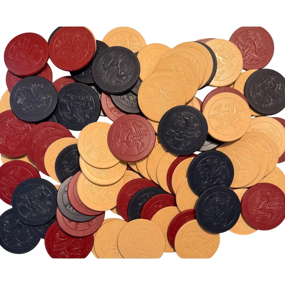 80Pc Vtg Antique 1905 Design Poker Chips Dragon Griffin Embossed Black Beige Red